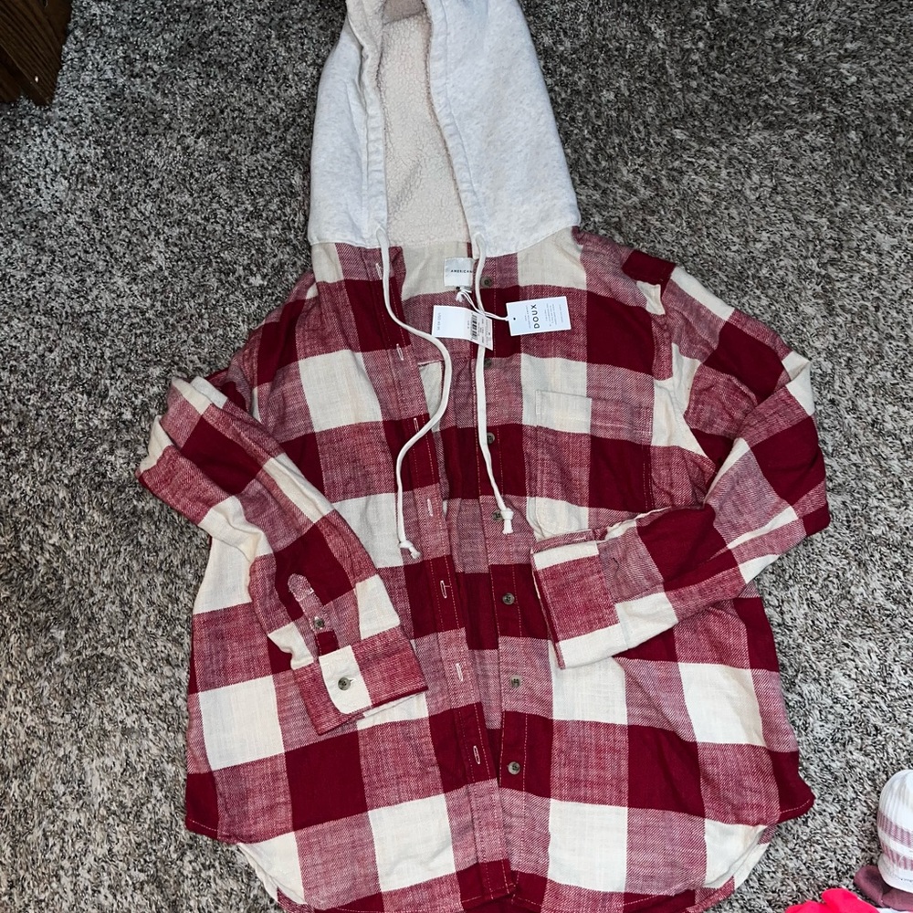 American Eagle Fuzzy Hooded Flannel